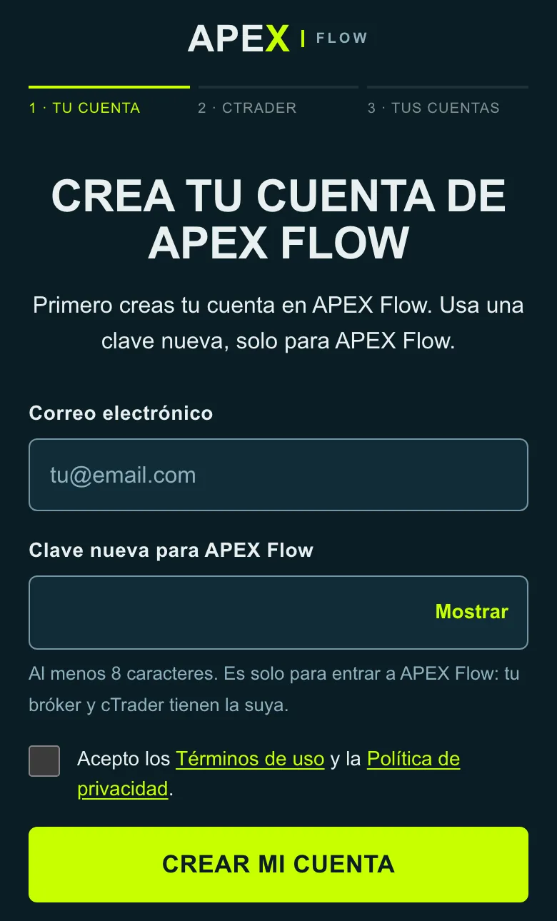 Pantalla para crear la cuenta de APEX Flow: correo y clave nueva.