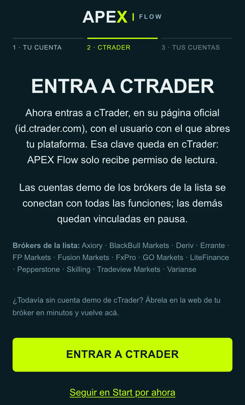 Paso 2 del registro: entrar a cTrader en su página oficial, con la lista de brókers.