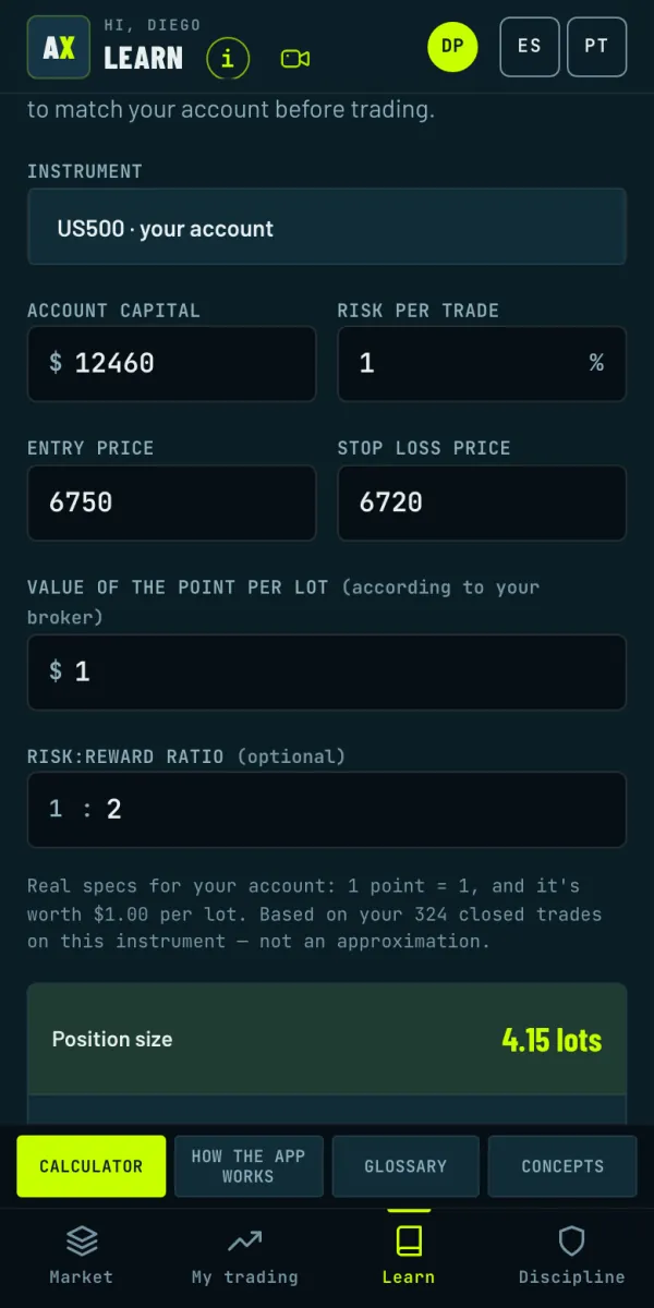 Calculator with your account's specs: capital, risk, entry and stop give the position size in lots.